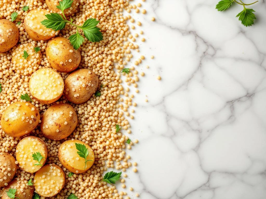 Quinoa korrels en gouden aardappelen op wit marmer oppervlak met verse kruiden en waterdruppels