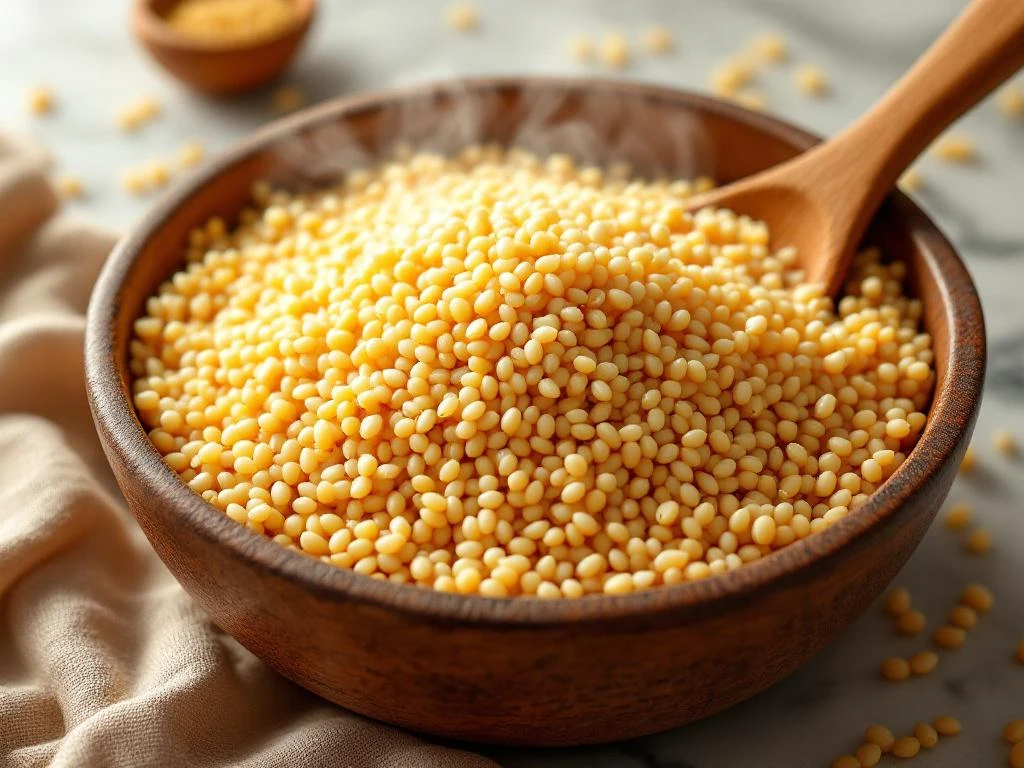 Gekookte quinoa korrels in rustieke keramische kom met stoom, houten lepel en rauwe zaden op marmeren oppervlak