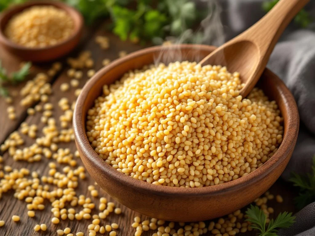 Gekookte quinoa in rustieke kom met stoom, rauwe zaden en kruiden op houten ondergrond
