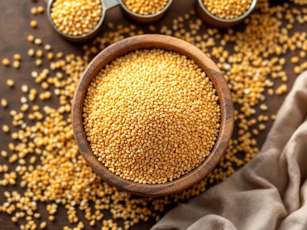 Houten kom vol gouden quinoa korrels omringd door maatbekers op rustieke houten ondergrond
