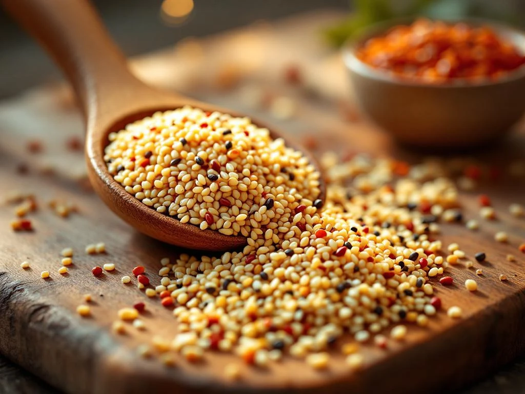 Gekookte quinoa korrels vallen van houten lepel op snijplank met verstrooide witte, rode en zwarte quinoa zaden