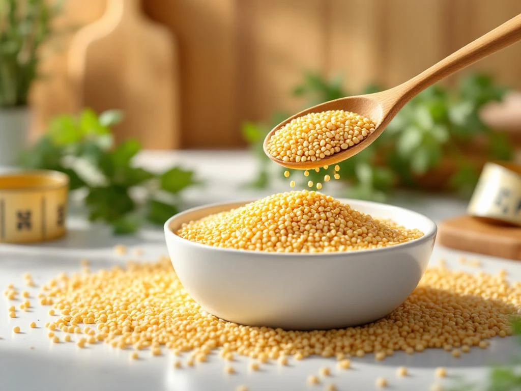 Gouden quinoakorrels vallen van houten lepel in witte kom, met verse kruiden en meetlint op houten keukentafel