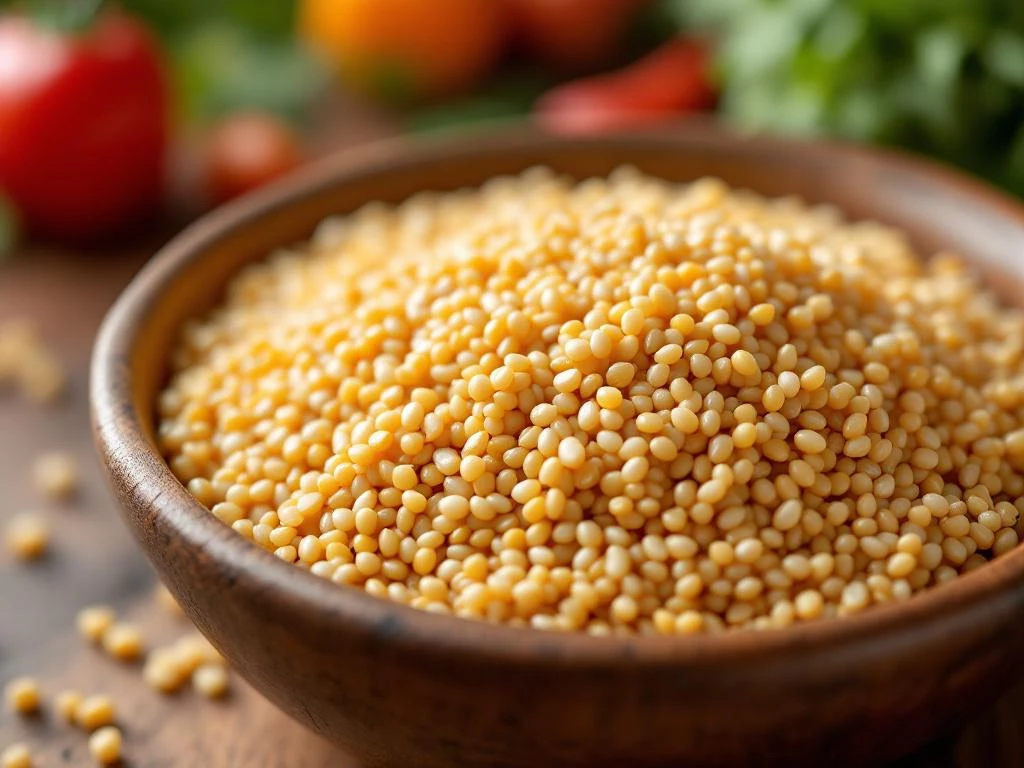 Gekookte quinoa in rustieke kom op houten tafel met verse groenten en kruiden in warme keukensfeer
