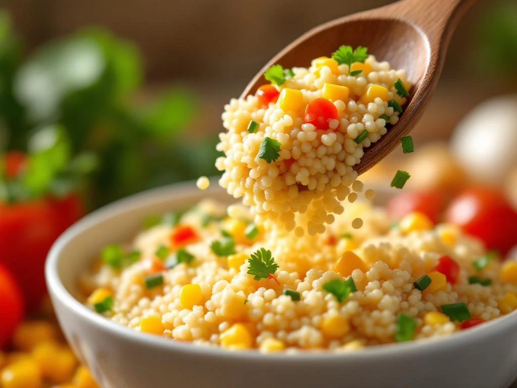 Quinoa korrels vallen van houten lepel in witte kom, omringd door verse kruiden, paprika, tomaten en maïs