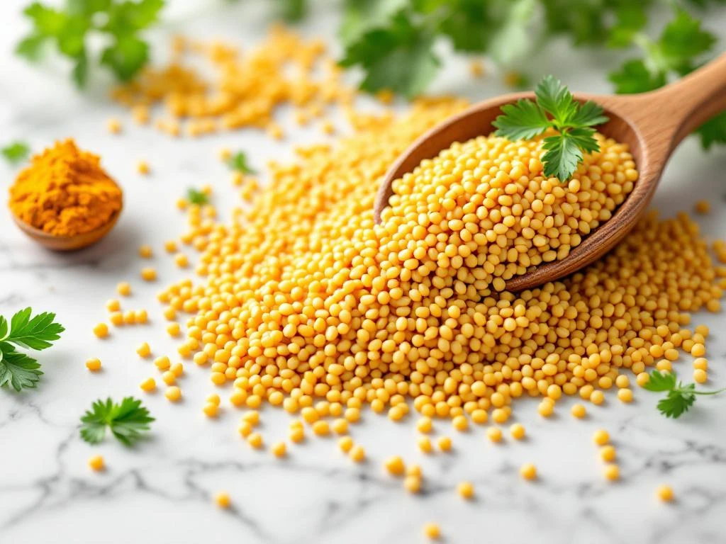 Gouden quinoakorrels op wit marmer met houten lepel en verse kruiden voor anti-inflammatoire eigenschappen