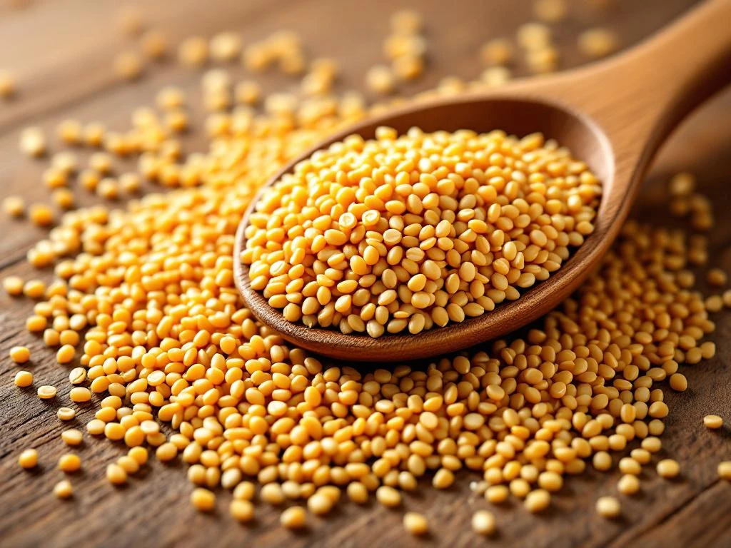 Gouden quinoakorrels vallen van houten lepel op rustieke tafel, superfood met zichtbare textuur en natuurlijke verlichting