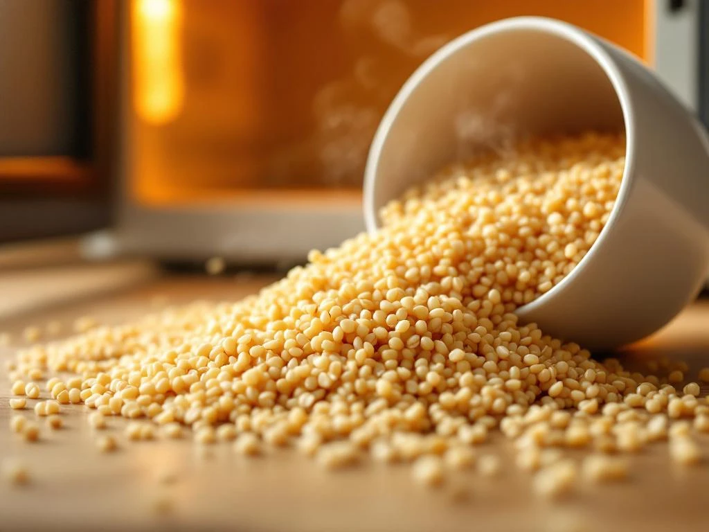 Gekookte quinoa korrels stromen uit witte kom met stoom, gouden verlichting, magnetron op achtergrond