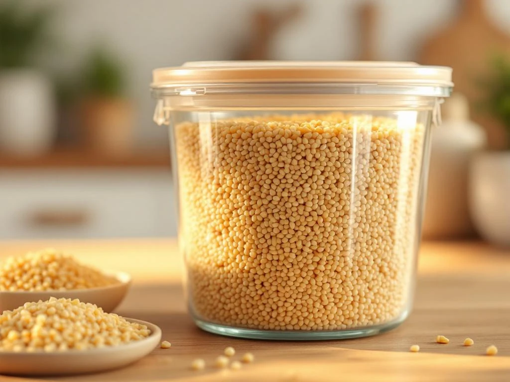 Gekookte quinoa in glazen voorraadpot met luchtdichte deksel op houten aanrecht, fluffy textuur zichtbaar