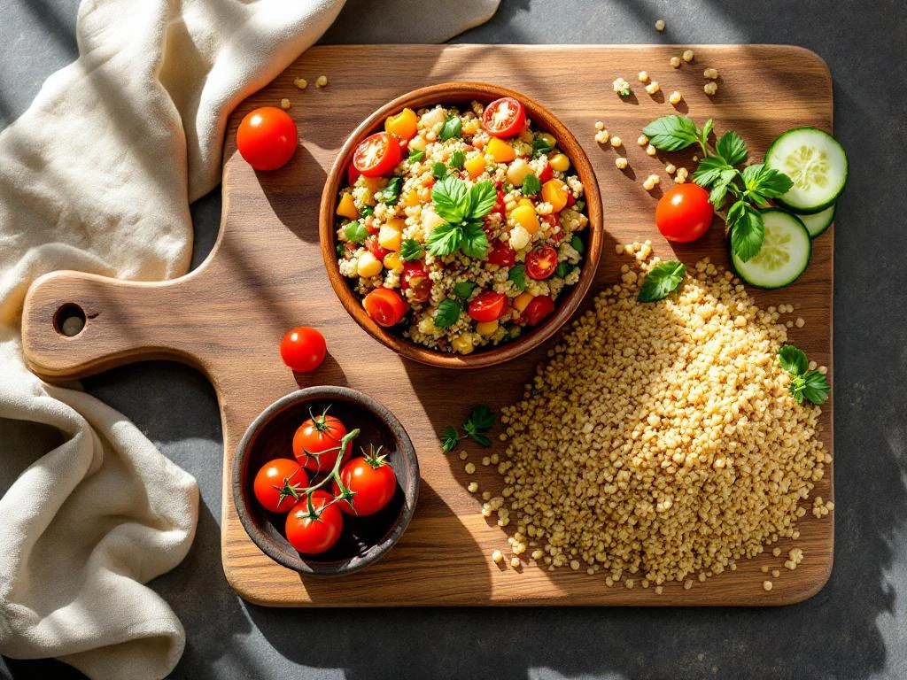 Quinoa gerechten op houten snijplank: kleurrijke quinoa salade in kom met verse groenten en kruiden