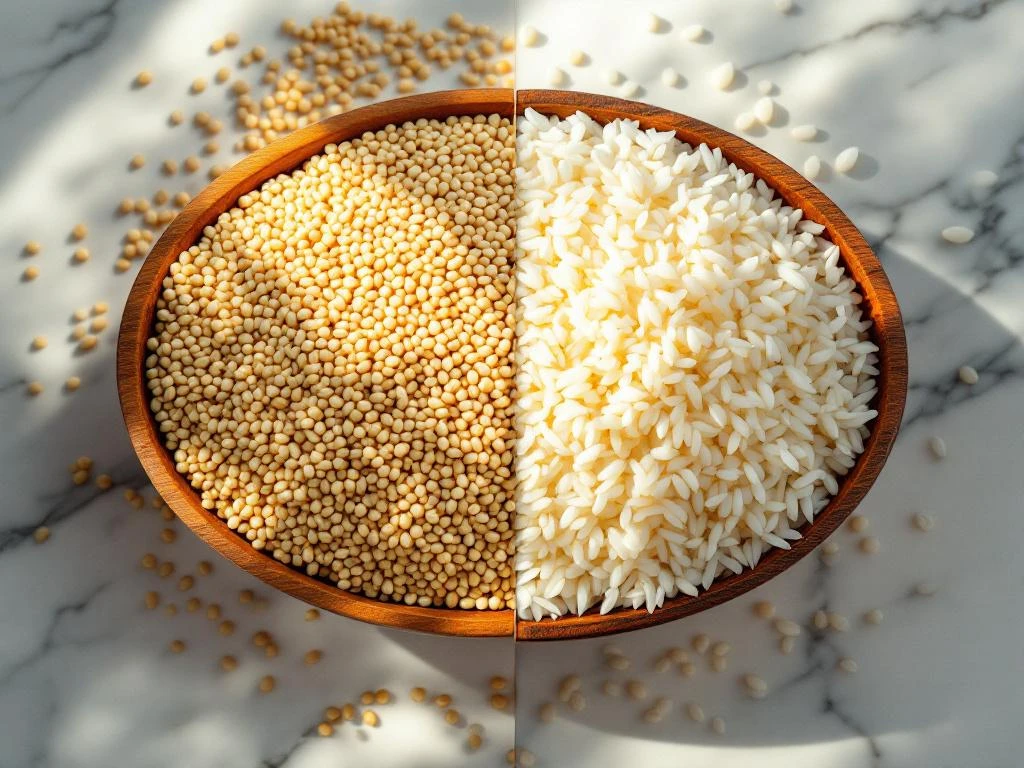 Houten kom met gekookte quinoa naast kom witte rijst op marmeren oppervlak, bovenaanzicht met natuurlijk licht