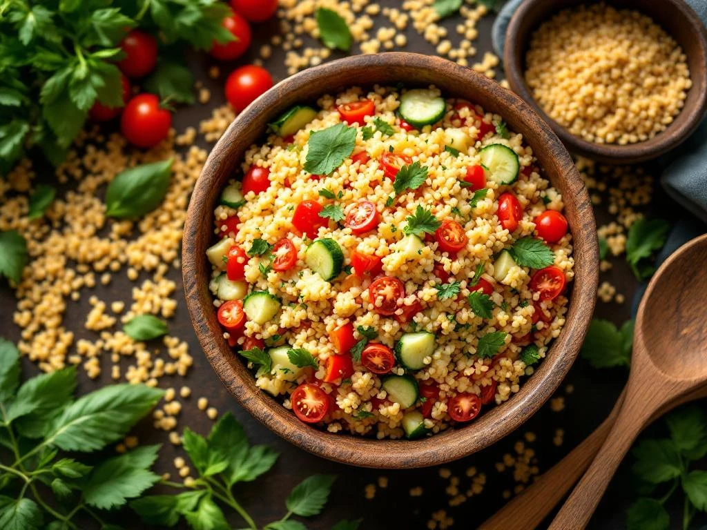 Quinoasalade bowl met gekleurde groenten, paprika, komkommer en tomaten op houten ondergrond met verse ingrediënten