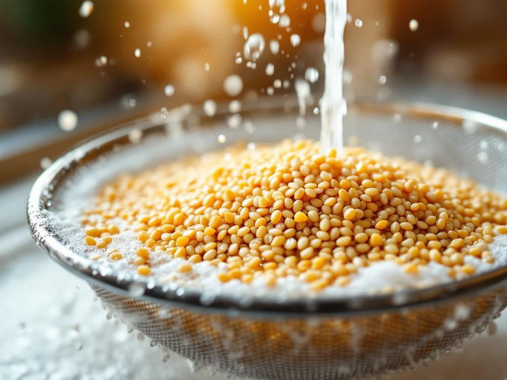 Quinoa korrels worden gespoeld in een zeef onder stromend water, met waterdruppels en natuurlijke schuimbellen