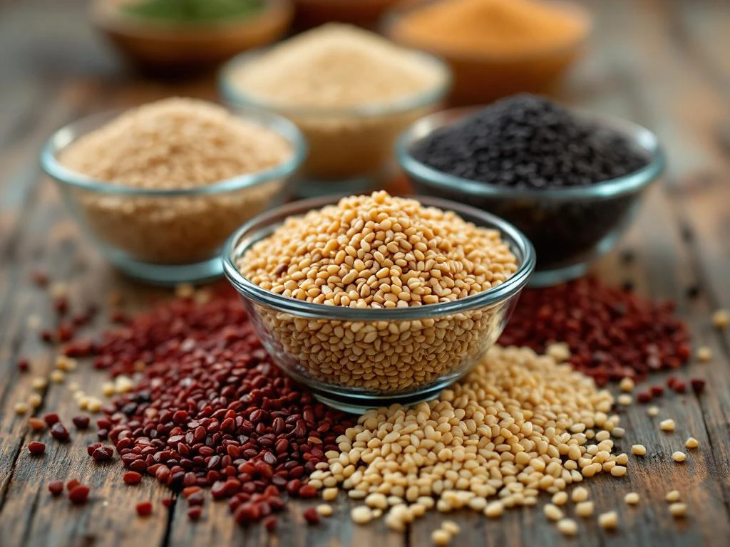 Verschillende quinoa soorten in glazen kommen op houten ondergrond: witte, rode, zwarte en gemengde quinoa