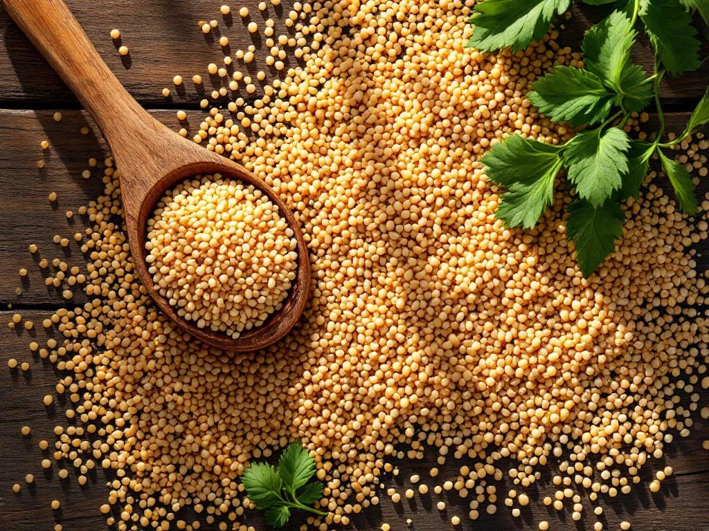 Ruwe quinoazaden op houten oppervlak met lepel, gekookte quinoa en verse kruiden in natuurlijk zonlicht