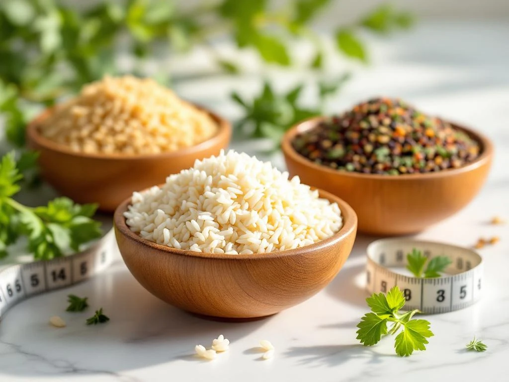 Drie houten kommen met witte basmati rijst, bruine rijst en quinoa op marmeren oppervlak met verse kruiden en meetlint