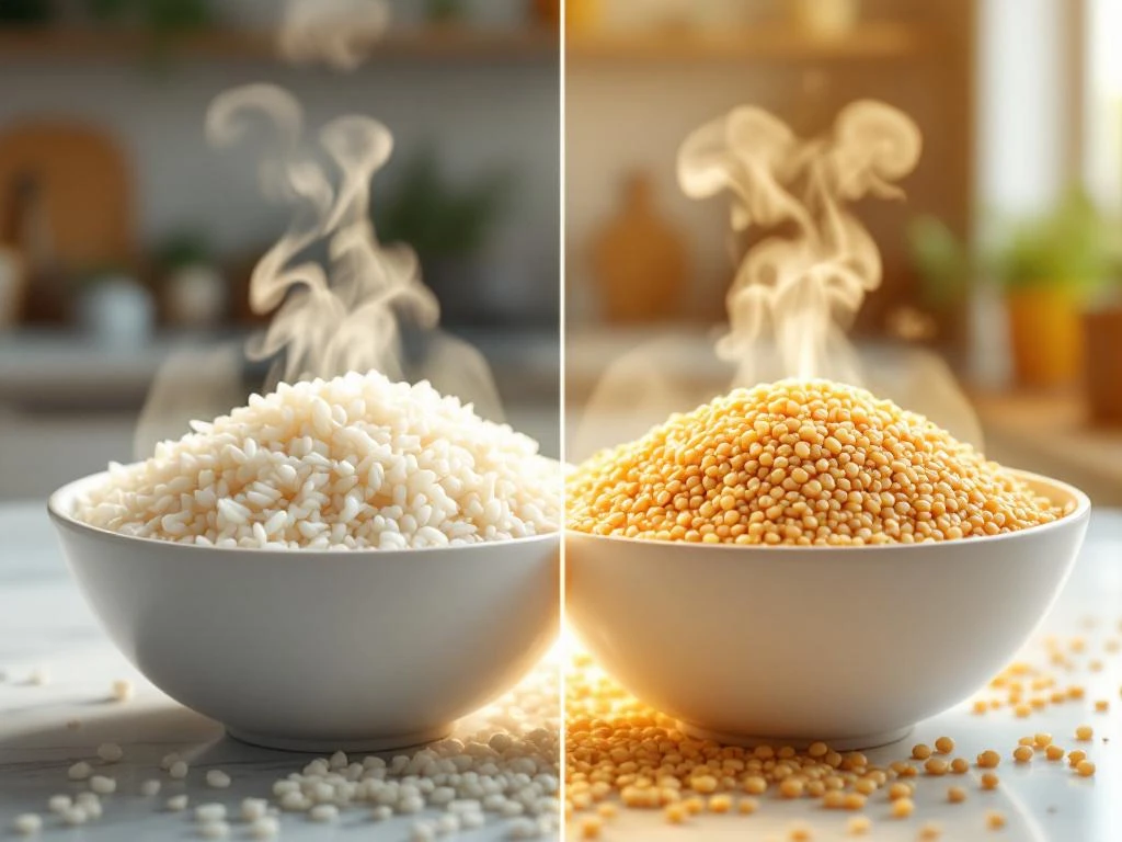 Witte rijst en gouden quinoa in keramische kommen met stoom, zij aan zij vergeleken in moderne keuken
