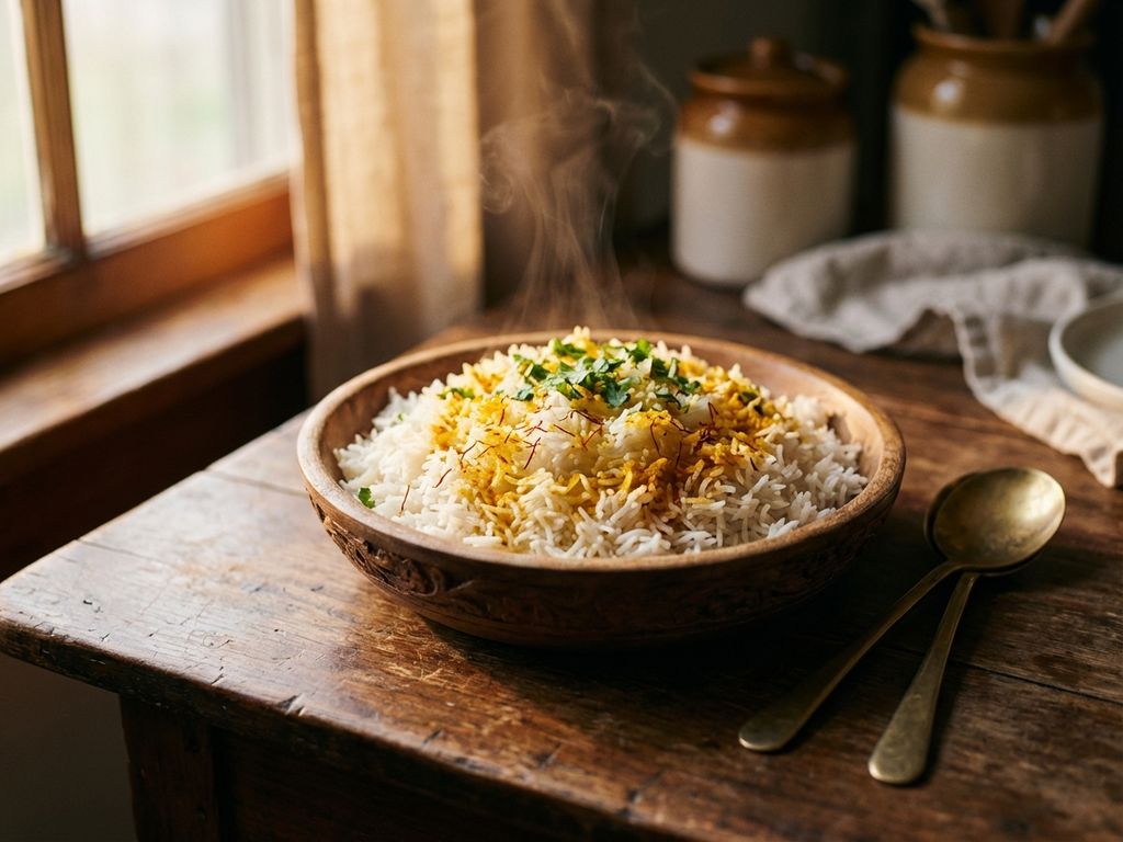 Houten kom met geurige basmati rijst, kurkuma, saffraan en koriander, met koperen lepels op rustieke tafel