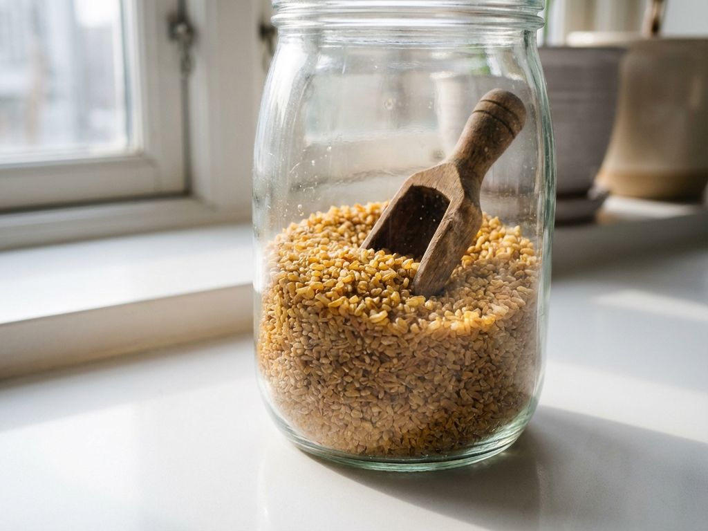 Glazen voorraadpot gevuld met gouden bulgur granen met houten lepel op witte keukentafel in natuurlijk licht