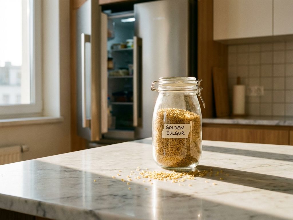 Glazen pot gevuld met gouden bulgur op marmeren aanrecht in moderne keuken met natuurlijk licht