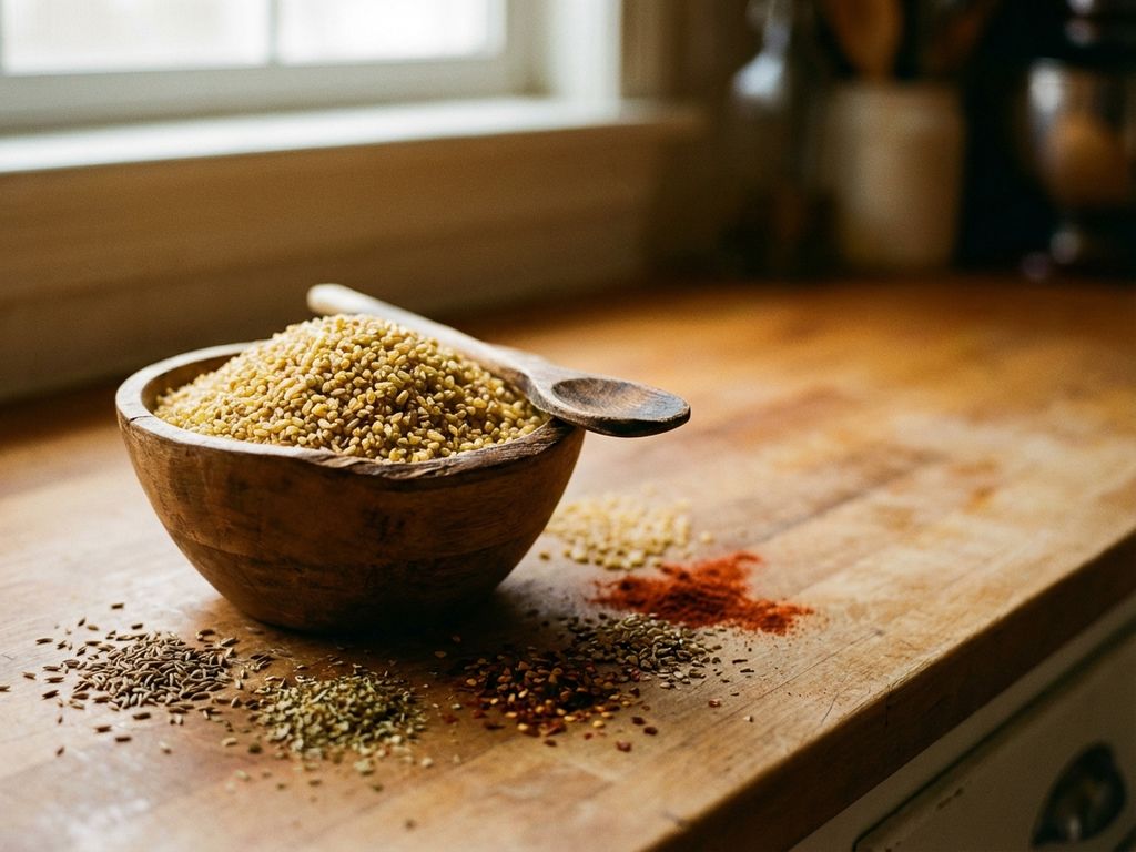 Rustieke houten kom gevuld met gouden bulgur, omringd door kruiden zoals komijn en paprika op keukenblad