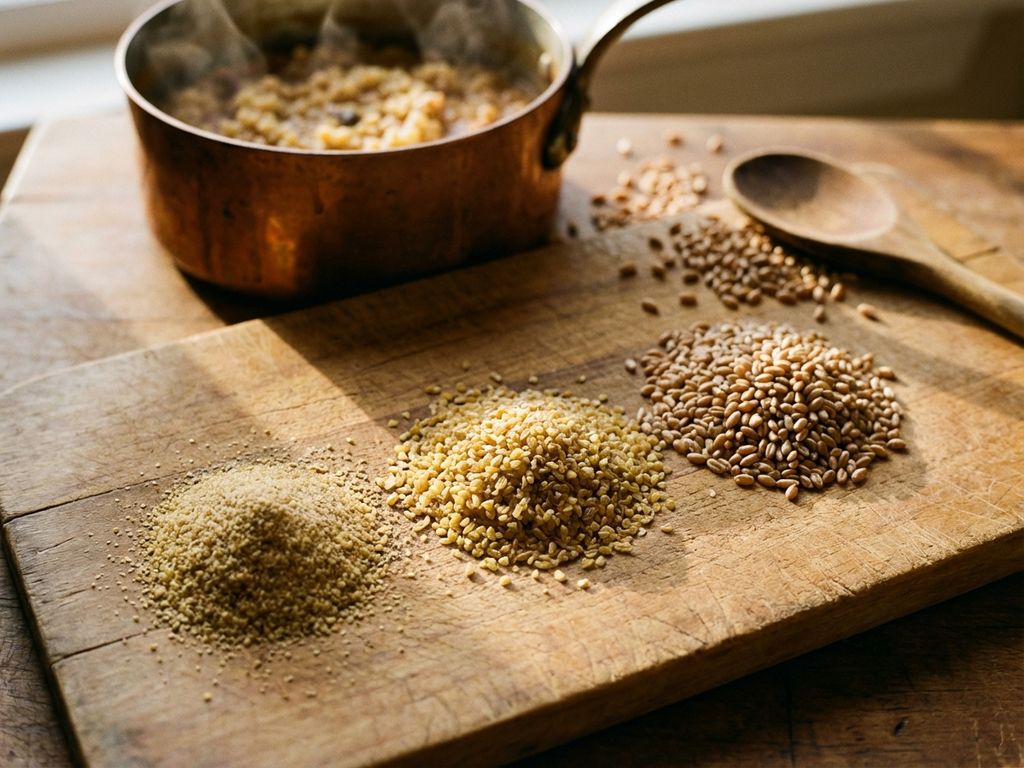 Bulgur korrels in drie texturen op houten snijplank met dampende pilav in koperen pan en tarwekorrels