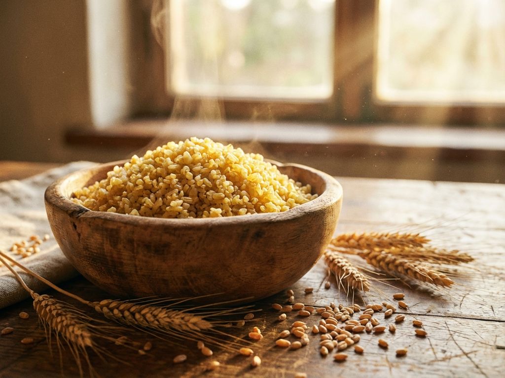 Rustieke houten kom met gouden bulgur, tarwekorrels en halmen op boerderijkeuken tafel bij natuurlijk licht