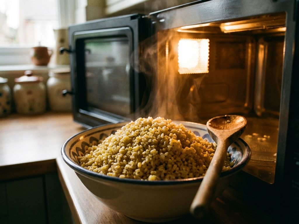 Kom dampende bulgur in keramische kom in magnetron met houten lepel, goudkleurige korrels glanzend van vocht