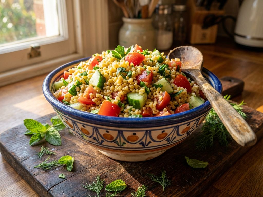 Kleurrijke keramische kom met bulgur, tomaten, komkommer en peterselie op houten snijplank