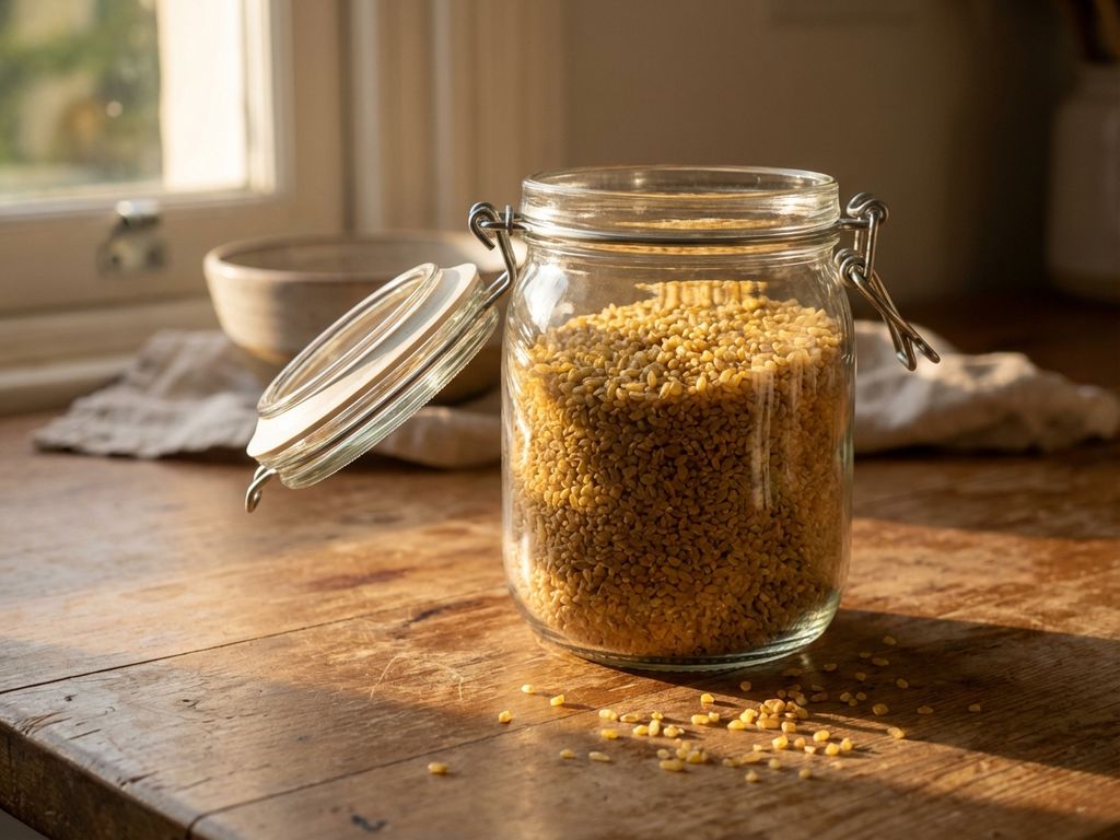 Glazen voorraadpot met gouden bulgur tarwegranen op houten keukenblad, deksel half open, natuurlijk zonlicht