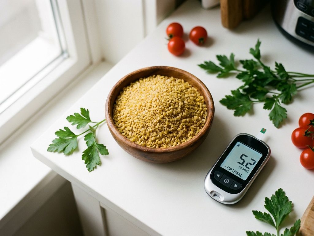 Houten kom met gouden bulgur naast glucosemeter op witte keukentafel, versierd met peterselie en kerstomaatjes