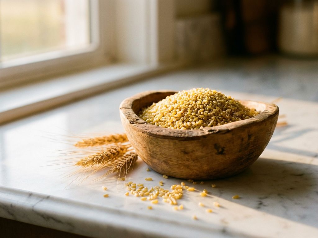 Rustieke houten kom gevuld met gouden bulgur granen op marmeren aanrecht met tarwestengels