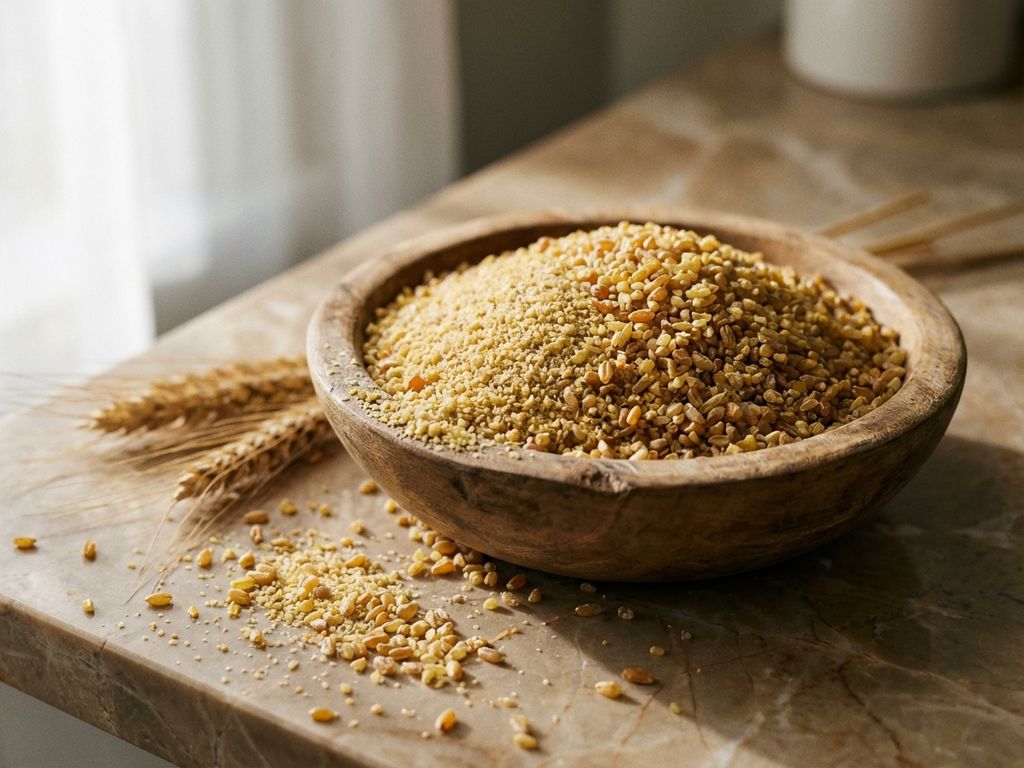 Houten kom vol bulgur tarwegranen van verschillende texturen op marmeren aanrecht met tarwestengels en natuurlijk licht