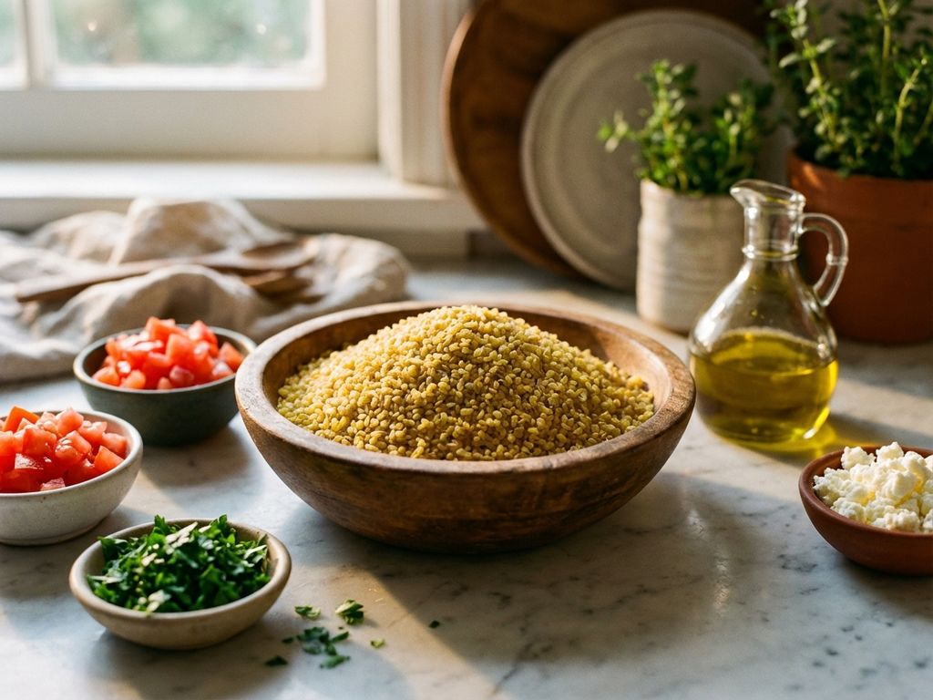Rustieke houten kom met bulgur tarwe omringd door Mediterrane ingrediënten zoals tomaten, peterselie en feta kaas