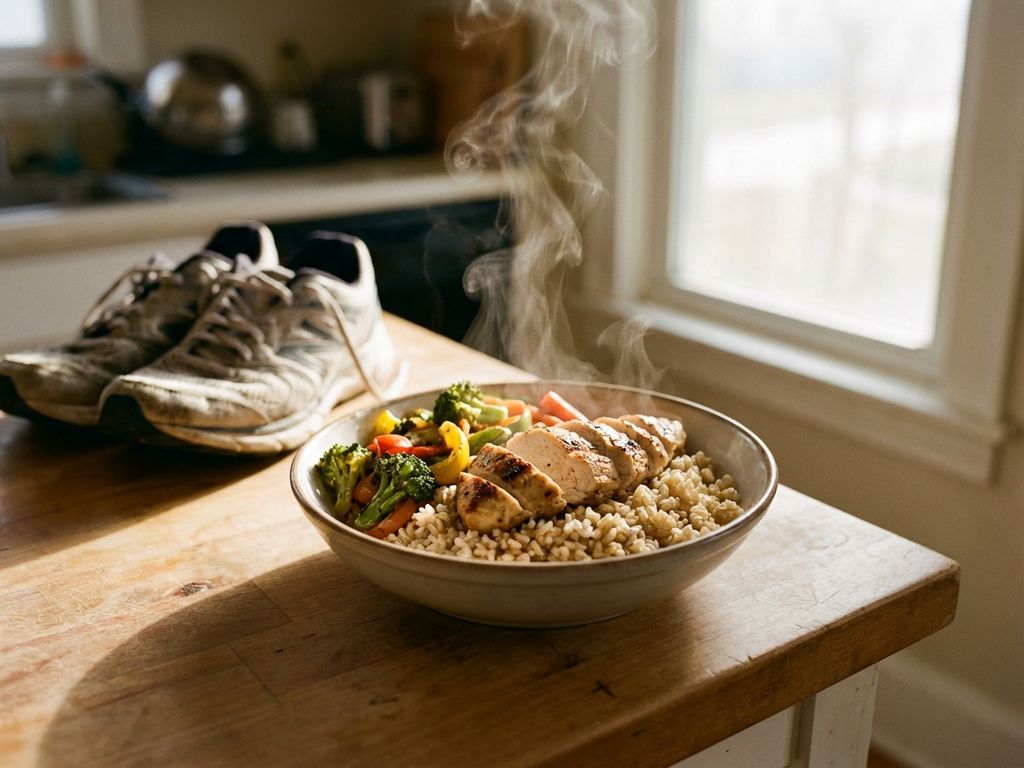 Kom rijst met gegrilde kip en groenten naast hardloopschoenen op houten keukentafel in ochtendlicht