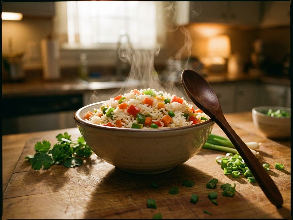 Kom dampende groentegerecht op houten plank met wortel, paprika en erwten, garnering van verse kruiden