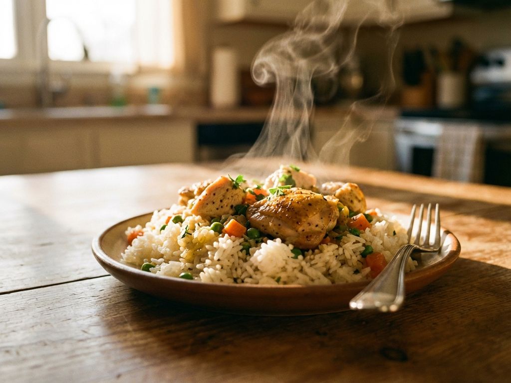 Dampende gouden kip en rijst gerecht met groenten op houten tafel, natuurlijk licht
