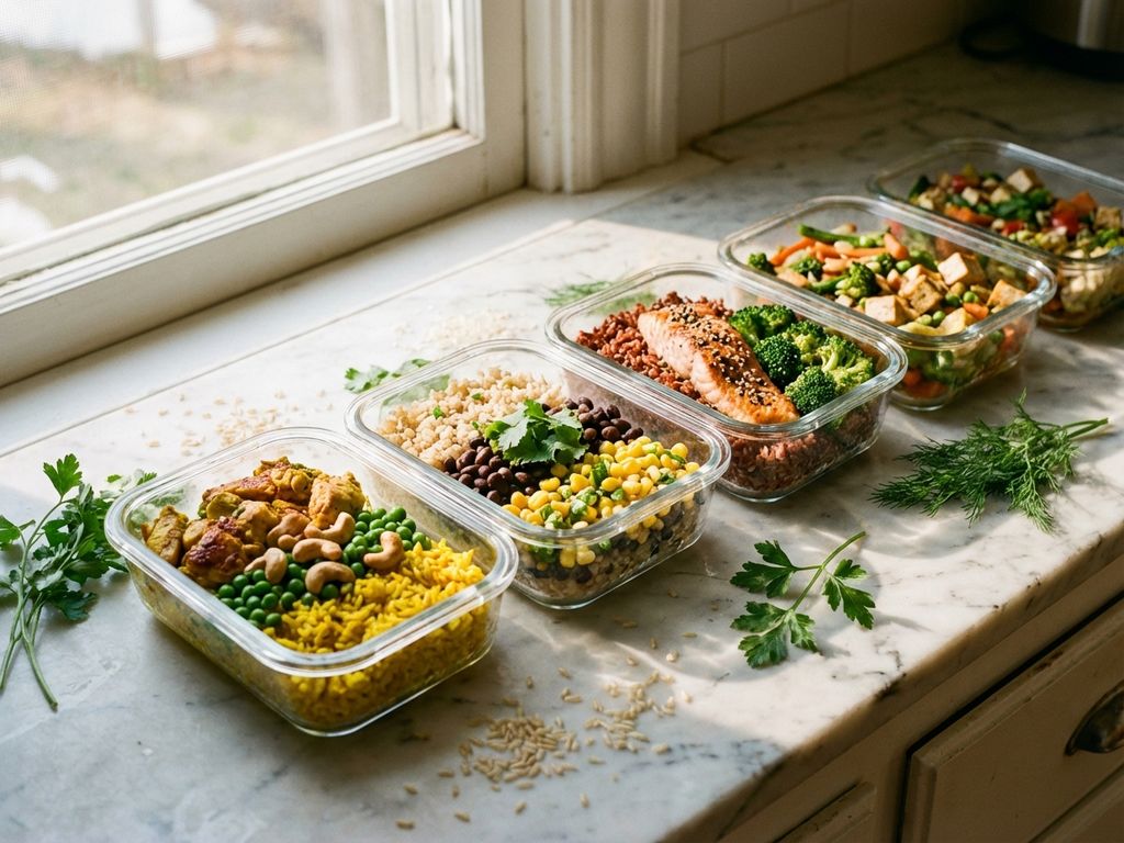 Vijf glazen meal prep containers gevuld met kleurrijke rijstgerechten op marmeren aanrecht bij daglicht