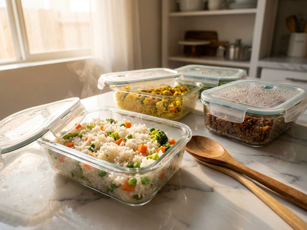 Glazen meal prep containers met kleurrijke rijstgerechten op marmeren aanrecht, stoomende jasmijnrijst met groenten voorop