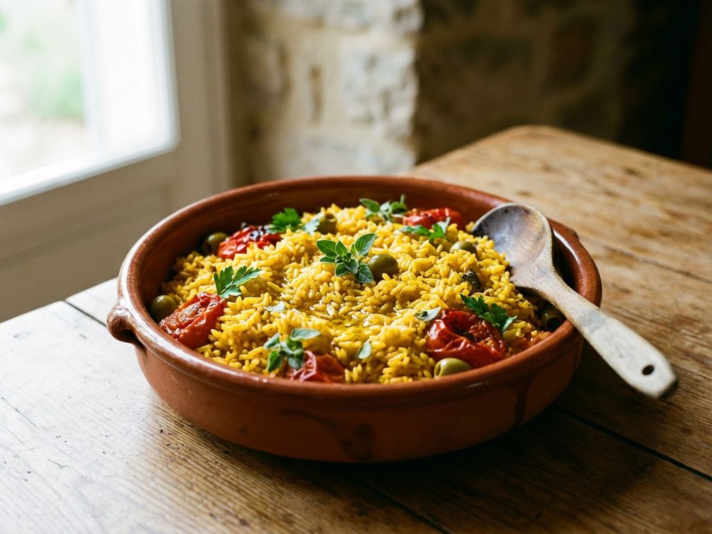 Mediterrane rijstschotel met saffraan, tomaten en olijven in terracotta kom op rustieke houten tafel
