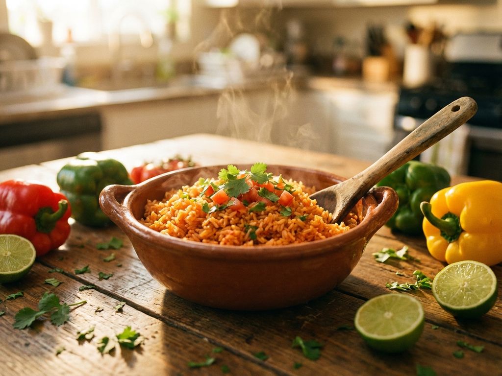 Kom dampende Mexicaanse rijst met koriander en tomaten, omringd door paprika's en limoen op houten tafel
