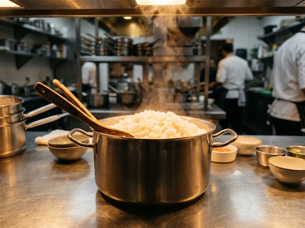 Grote roestvrijstalen pan met witte rijst op professionele keuken aanrecht, houten lepels en portiekommen zichtbaar