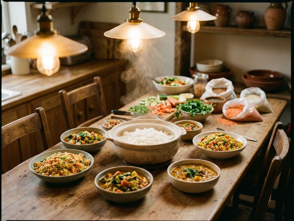 Grote houten eettafel vol met dampende kommen rijstgerechten en kleurrijke groenten in warme huiskeuken