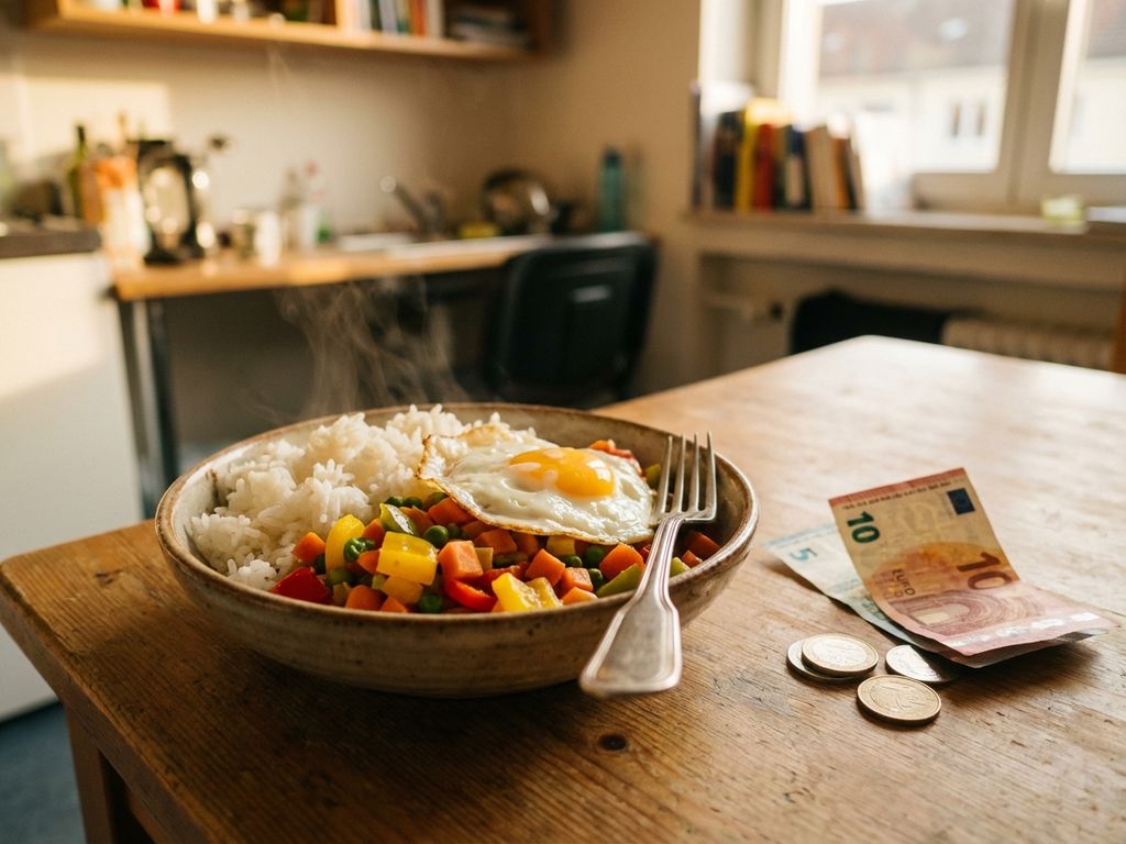 Kom rijst met groenten en gebakken ei op houten tafel met eurorekening en munten, studentenmaaltijd in gezellige keuken