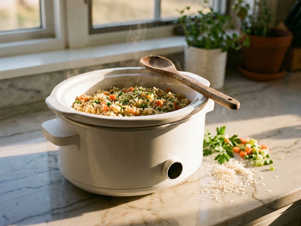 Witte slowcooker met gestoomde rijstpilaf vol kleurrijke groenten op marmeren aanrecht bij raam
