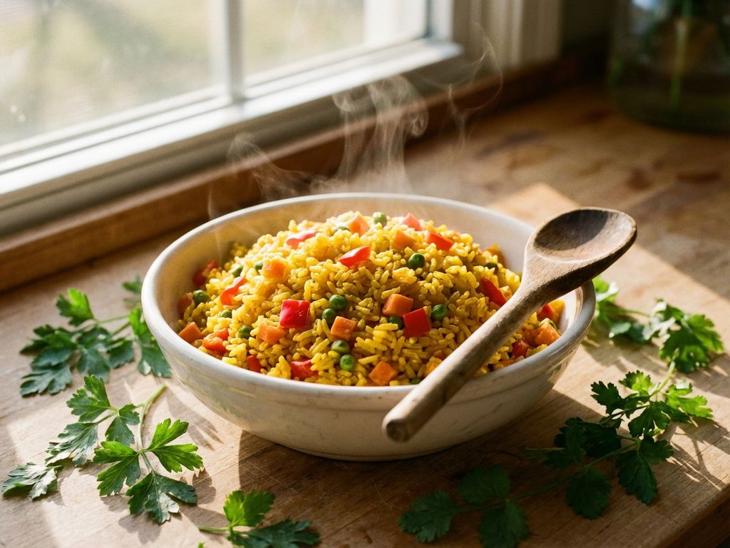 Witte keramische kom met gouden saffraan rijst, rode paprika, erwten en wortels op warme keukentafel met natuurlijk licht