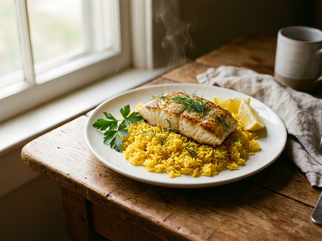 Goudgele saffraan rijst met gegrilde vis, verse kruiden en citroen op rustieke houten tafel