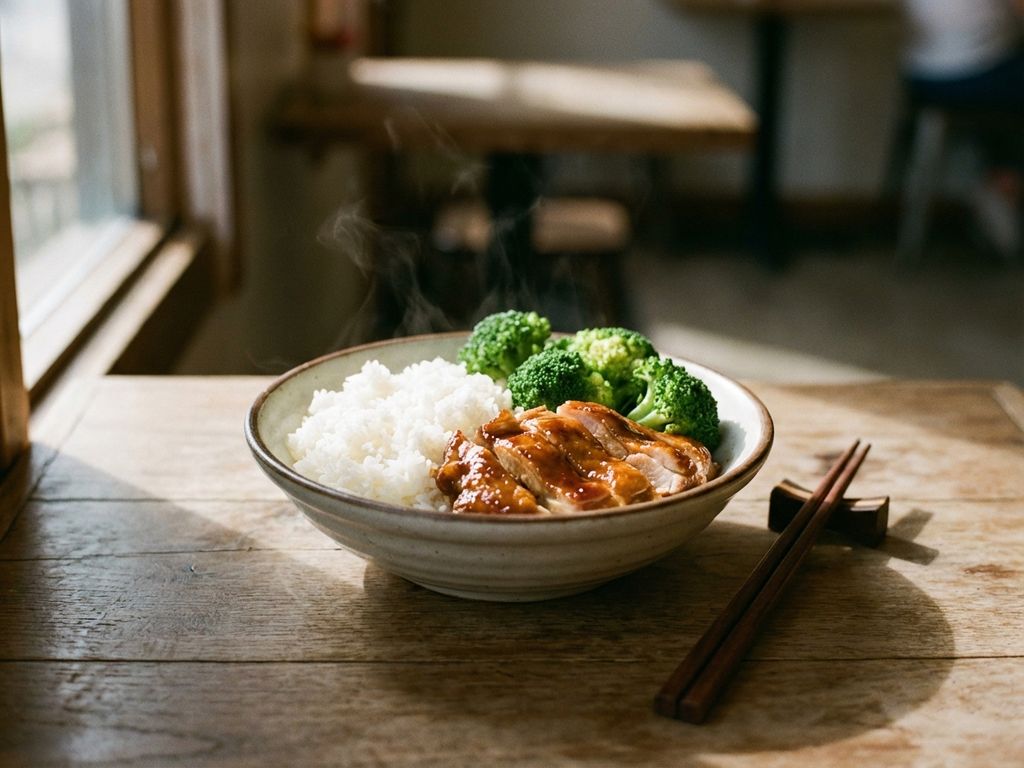 Kom met teriyaki kip en gestoomde broccoli op jasmijnrijst, eetstokjes ernaast op houten tafel