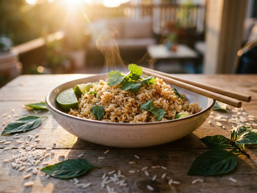 Kom Thaise gebakken rijst met koriander en limoen, eetstokjes op rustieke houten tafel met basilicumblaadjes