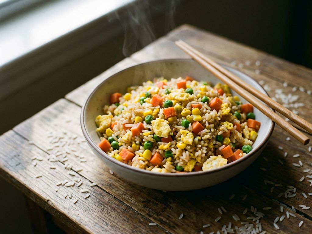 Kleurrijke vegetarische gebakken rijst met wortels, erwten, mais en ei in kom met eetstokjes op houten tafel