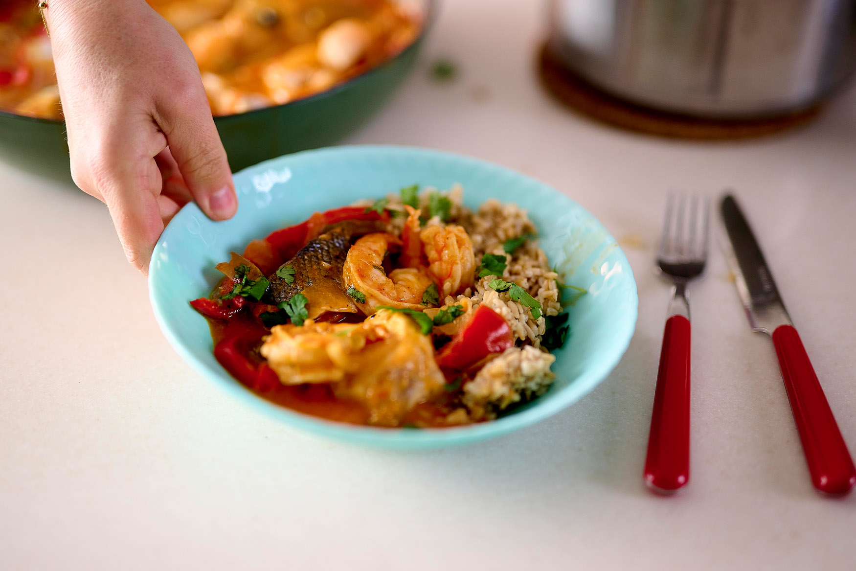 Bosto - recept - Moqueca met vis en garnalen - haverrijst